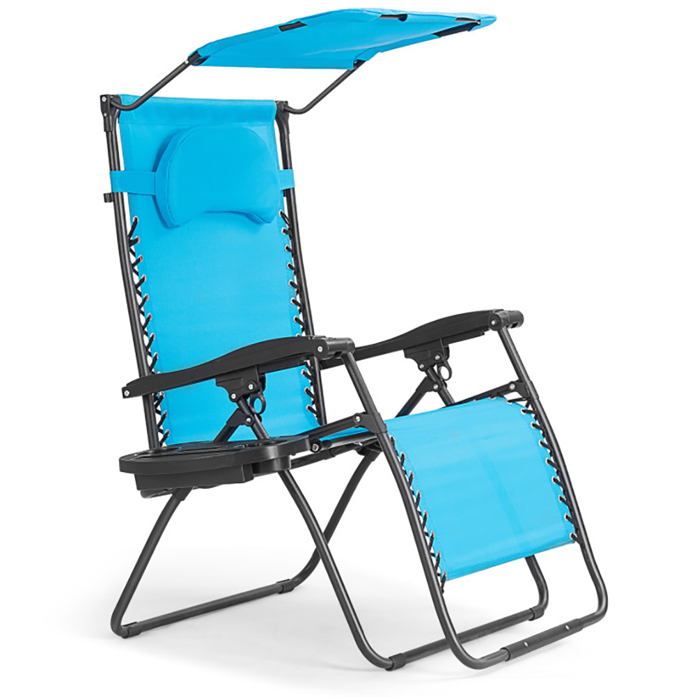 GVN Folding Recliner Lounge Chair with Shade Canopy Cup Holder-Blue, Backpack Folding Beach Chairs, Portable Beach Chair for Outdoor, Lawn, Trip, Picnic